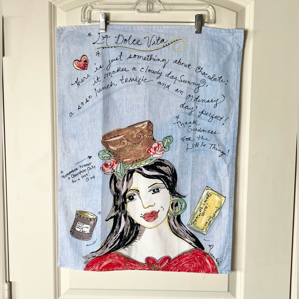 VTG Julia Junkin La Dolce Vita Textile Art Tea Towel Chocolate Lover Cake Hat